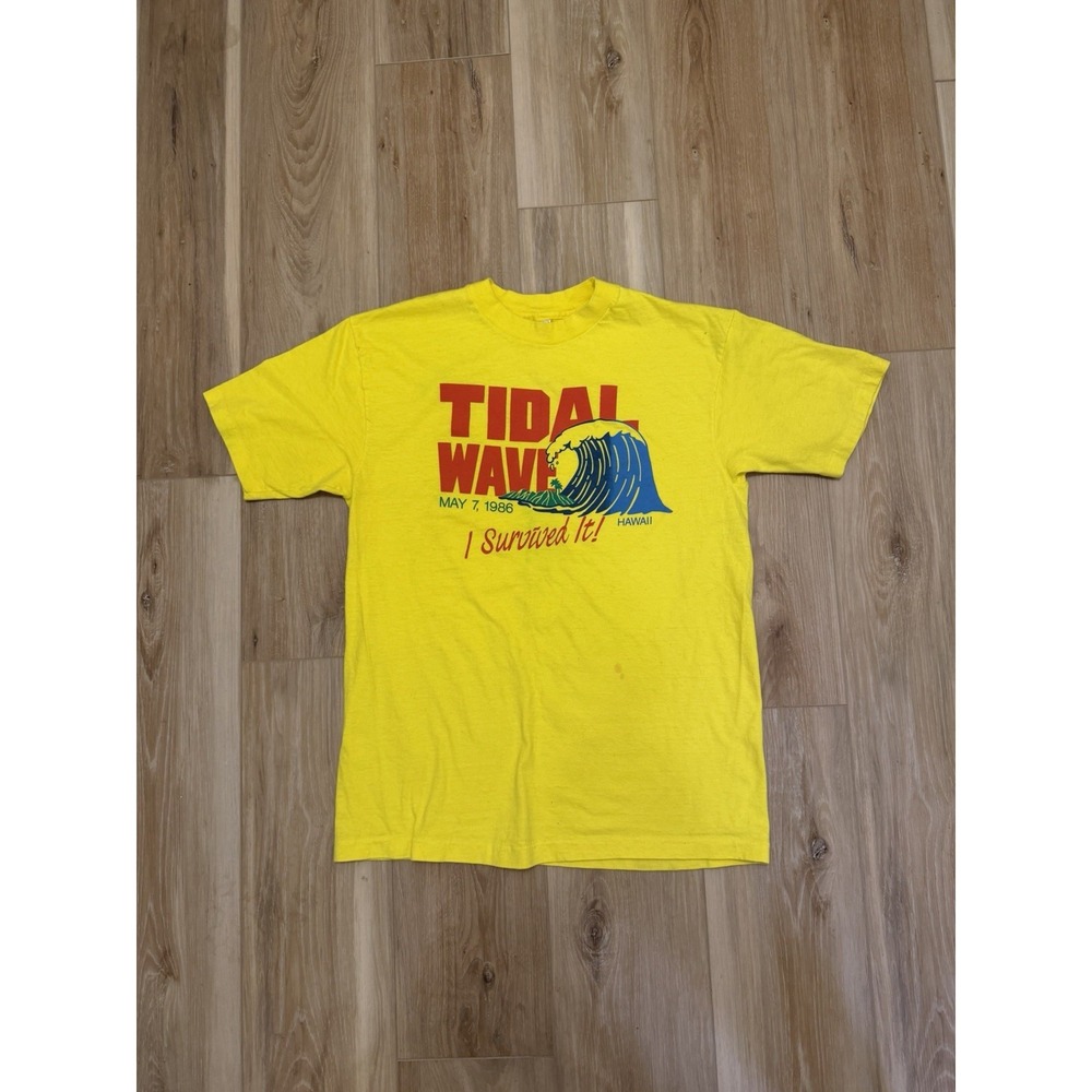 VTG I Survived Hawaii Tidal Wave 1986 Yellow T Shirt Men's Large Single Stitch